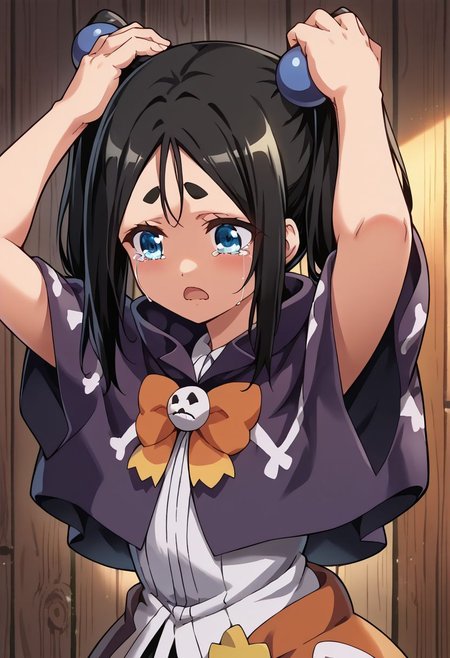 score_9, score_8_up, score_7_up,BREAKsource_anime, 
masterpiece,8k,uncensored,(highres:1.3),high resolution, unity 8k wallpaper, detailed face, detailed CG, (perfect hands:1.5, perfect anatomy), (high quality, best quality) (curvy:1.45)(shiny skin) (oily skin),
flat chest, 
wood cabin,
crying,close eyes,tears,open mouth,
standing,dynamic light,
tokkishiko dana, black hair, 1girl, thick eyebrows, blue eyes, solo, twintails, long hair,(((hands on own head))), 
purple capelet, orange bowtie,bowtie, shirt,hair bobbles,cowboy shot,