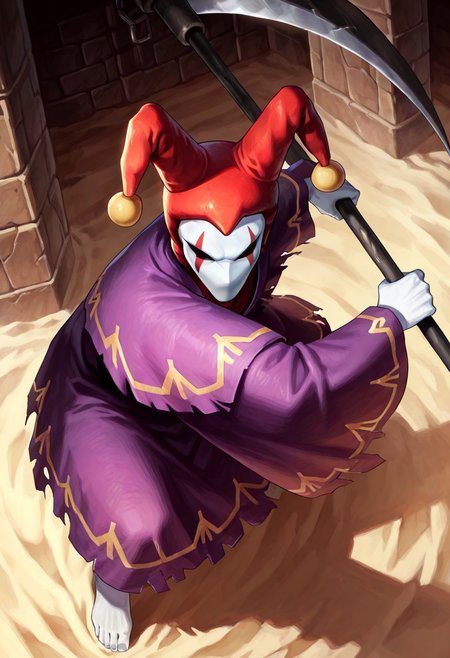 score_9,score_8,score_7,source_furry, (masterpiece, best quality, high quality:1.2), detailed hands,character focus, detailed skins, body blush, cinematic shadow, character focus, ultra detailed background, 
dutch angle, from above,
<solo:1.5>, <1boy:1.5>, (anime:3.5), (official:3.5), (dynamic pose:1.8), attacking,
chariotsaga, 1boy, solo, male focus, 
jester, red headwear, looking at viewer, white skin, jester cap, pom pom (clothes), (faceless mask:1.2), facepaint, hat, robe, purple robe, torn robes, long sleeves, wide sleeves, barefoot, light gray color nails, holding, scythe, weapon, holding scythe, holding weapon,  
ancient ruin background, indoor, dark orange stone wide rooms, torch wall, darkness, sand, desert,