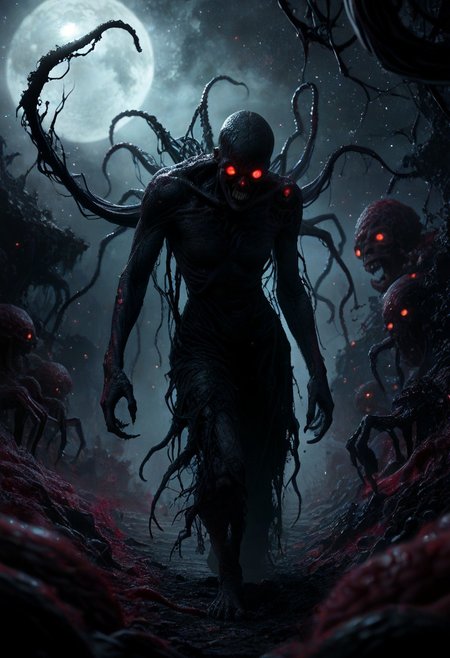 (score_9_up, score_8_up), score_7_up, a monstrous mass of veins and sinew, [eldritch], colorful, evil sinister, horror, Cosmic abomination, bodyhorror, action shot, detailed background, otherworldly, angled sideview, establishing shot