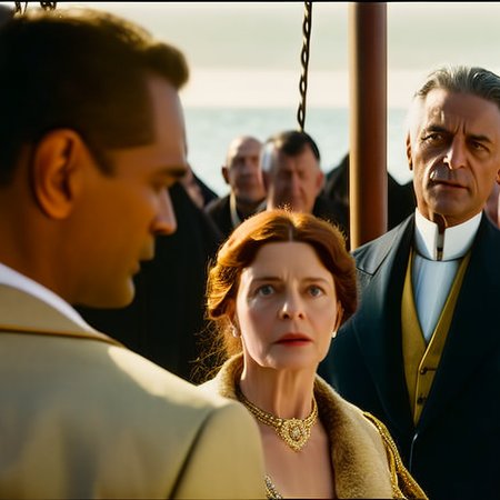 (Leonardo DaVinci:0.8) is a passenger on the deck of the Titanic talking to a woman standing by the rail Cinema768-Digital