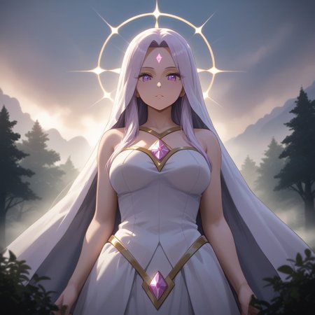 ((heavenly), holy, divine), fog, natural lighting, tree, 1girl, xeldorite, lavender diamond forehead marking