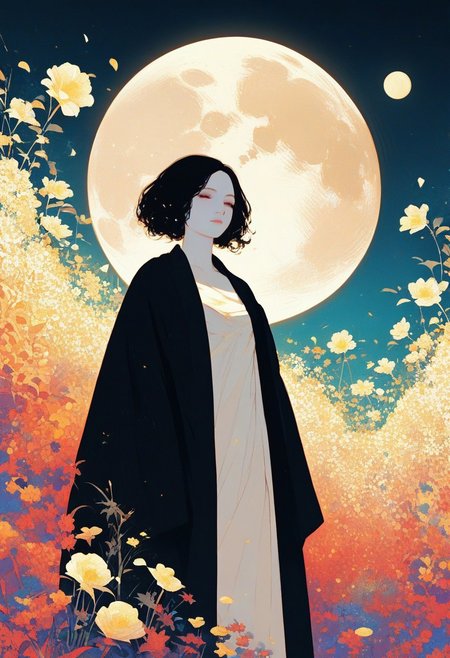 zPDXL3, 1woman, robe, moon, flowers, white skin, highly detailed,   high resolution, best quality, sharp quality,  clear quality, High-definition, smooth image, bright colors, vibrant colors, colorful, clean lines,