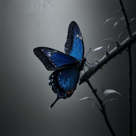 cinematic dark monochrome photo blue butterfly, in profile, resting on a thin branch, with closed wings : illustration, <lora:Into_Darkness:1>