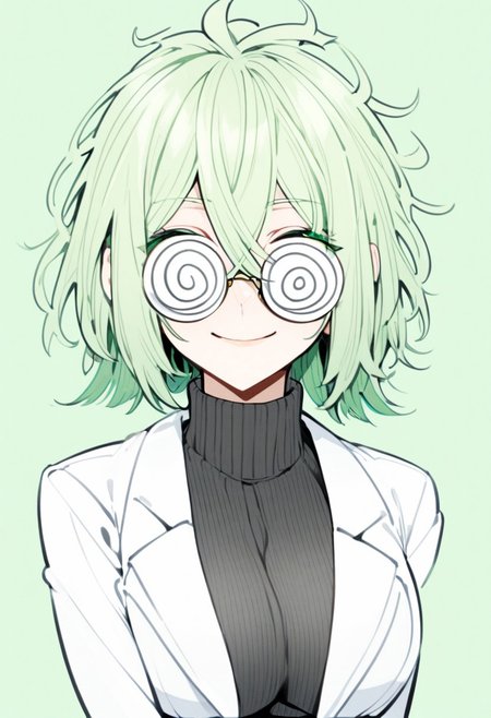1girl, breasts, coke-bottle glasses, glasses, green eyes, green hair, hair between eyes, highres, jin, lab coat, large breasts, light green hair, messy hair, round eyewear, short hair, smile, solo, upper body