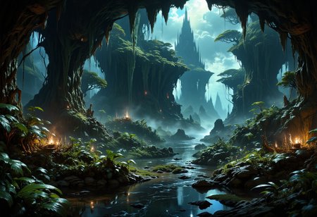 hyper realistic and highly detailed, highly dynamic cinematic panorama view, entering the exotic jungle and majestic garden of Eden, digital artwork, illustrative, concept art, cinema still, highly detailed,  atmospheric haze, panoramic zoomed out view, highly dramatic lighting, MythP0rt
<lora:FredFraiStyle-FLUX-Share:0.5>  <lora:FluxMythP0rtr4itStyle:0.7> <lora:dark_fantasy_flux:0.9>  <lora:artilands:0.8>