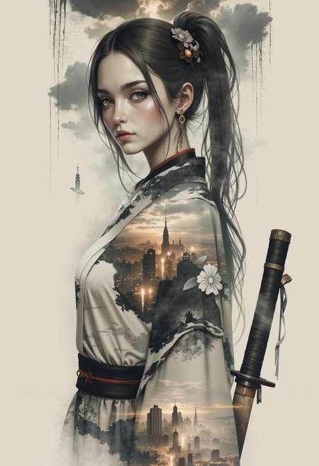 bo-abyss, OBxiaoxiang, bo-cityscape, bo-exposure, bo-cyberpunk, bo-steampunk, bo-exposure, a digital illustration depicting a surreal dream, living in a thunder cloud, foggy, ethereal double exposure scene from, a high-resolution photograph of a young woman with a slender, athletic build, she has light skin and long, dark brown hair styled in a high ponytail, secured with a hair ornament, her facial features are delicate, with a small nose and full lips, she is dressed in a traditional japanese kimono, predominantly white with intricate black and white floral patterns, the fabric is smooth and slightly silky, reflecting the light, she wears a black obi with a red sash around her waist, adding a touch of contrast to the traditional attire, the obi is held in her right hand, with the katana resting on her hip, the background is a plain, beige color, ensuring that the focus remains on the subject, the overall style of the photograph is photorealistic, capturing fine details such as the texture of the fabric and the folds of the kimonos, the lighting is soft and diffused, highlighting the smoothness of her skin and the subtle sheen of her hair<lora:Flux\boFLUX digital-abyss.safetensors:1.0:1.0> <lora:Flux\OBååå®èåç»V2.0.safetensors:0.5:0.5> <lora:Flux\boFLUX In the Sky v2.safetensors:0.85:0.85> <lora:Flux\boFLUX Double Exposure Magic v2.safetensors:0.7000000000000001:0.7000000000000001>