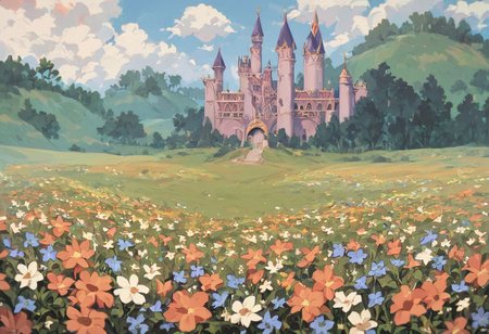 score_9, score_8_up, score_7_up, score_6_up,
nature background, flowers, flower frame, small clouds, fields, flower field, castle in background,  castle, vintage, film grain