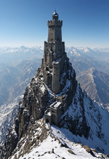 <lora:TheWeirdies_epoch_10:0.55>  , advntr , epiCPhotoGasm-colorfulPhoto, 
score_9, score_8_up, score_7_up, score_6_up
Durlag's Tower was  hollowed out the mountain for the rock that made up his tower and used the space created to hide further treasure. This local landmark was the isolated keep of within the remains of the tower and used the defenses created by Durlag to keep both itself and the treasure safe. Some claimed that this creature was a lich.
no humans
(Tower fortress high on the highest peak of the highest mountain with all other sharp and snowing peaks far below . The tower looks out over a side vista of the tops of countless mountains in a huge range like the Himalayas, snow and frost cover every surface. ) ((maximum detail, supreme quality, 4k, best clarity))