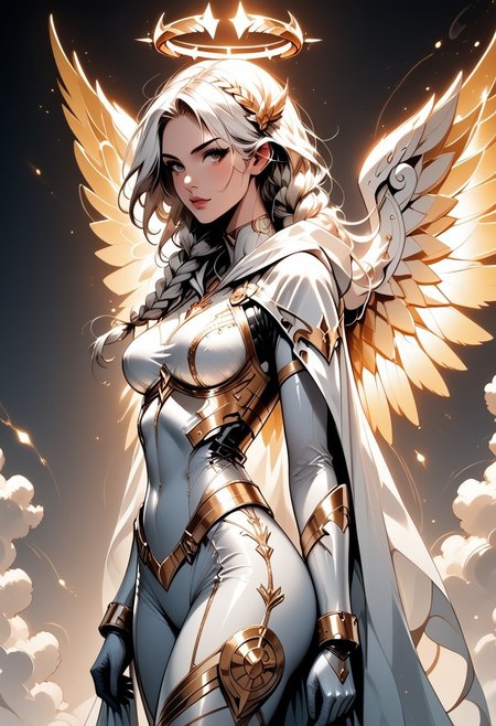 score_9, score_8_up, score_7_up, (Western Comics), a full body image of a sexy mechangel girl, caucasian, seductive, (glowing wings), solo, glowing armor, glowing halo, glowing mechanical 4 wings (hyperdetailed:1.15), detailed, light passing through hair, (ultra detailed, high quality texture), (sharp), (artistic image), 32K, 4K, ULTRA HD, small waist, large breasts, tight white bodysuit with, crop: -5, (3/4 portrait), wide view, ((her whole head and hair is visible)), zoomed out, wings completely visible, (from thighs and up), wings folded along her body, cowboy shot, angelify, (monochrome background), (nothing in background), plain background, long hair Twin Braids, Hooded cloak, holding an angelic tome with both hands, side view