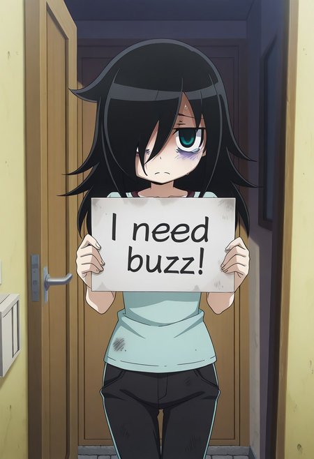 detailed background, official style, anime coloring, (anime screencap) masterpiece, detailed face, 1girl,  <lora:Tomoko_Kuroki:0.8>, Tomoko, small breasts, black hair, long hair, bags under eyes, hair between eyes, hair over one eye, flat chest, petit body, skinny, oversized breast cup, sad, sad expression, tears, need_buzz, holding sign, looking at viewer, standing, sweating, dirty clothes, outdoors, pov, opening apartment door,
