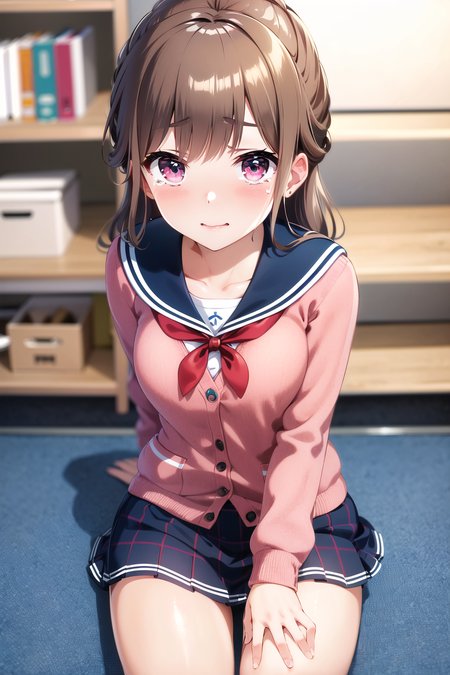 (masterpiece, best quality, beautiful detailed eyes, absurdres, closeup), 1girl, hayasaka mei, uniform, pink jacket, cardigan, pink cardigan, red ribbon, blue sailor collar, blue skirt, looking at viewer, crying, blush, <lora:hayasakaMeiIdoly_v10:0.7>