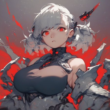 score_9, score_8_up, score_7_up, score_6_up, score_5_up, score_4_up, 1girl, Spas, Large Breasts, short hair, grey hair, bangs, twintails, rubbions, red eyes