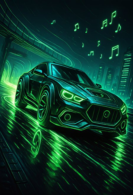 masterpiece, best quality,   AdFF, car, green theme, (music notes),   science fiction, depth of field, dutch angle, vehicle focus, highway,  <lora:AudioFileFuture_IXL_v1:1.0>,
