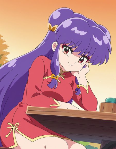 score_9, score_8_up, score_7_up, source_anime, <lora:shampoo-s1-ponyxl-lora-nochekaiser:1>, shampoo, shampoo (ranma 1/2), long hair, hair ornament, red eyes, purple hair, hair bun, double bun, medium breasts, anime screencap,, dress, chinese clothes, china dress, red dress, long sleeves,, bike ride, countryside, dirt road, trees, afternoon sun, peaceful, alone, smile, sitting, head rest, table,, looking at viewer, solo,, dutch angle, cowboy shot