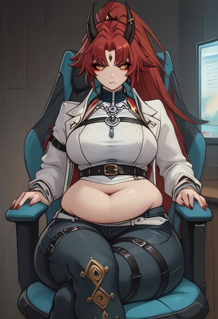score_9, score_8_up, score_7_up, painterly, 1girl,solo,<lora:age_slider_v4:1.2>,adult,tall female, golden eyes, red makeup, red hair, streaked hair, long hair ponytail, ponytail, short hairs, red and black horns, spiky horns, breasts, large round breasts, oni, demon queen, demon lord, (thick thighs:0.6),(angry:0.6),(half-closed eyes:0.8),black baggy pants,white top,high collar,belt,harness,looking at viewer, FEI XIAO REGULAR WEAR, hips, thighs, thick thighs, wide hips, looking at viewer, saggy belly, fat belly, very fat belly, fat angry, in the bedroom, sitting in a gaming chair, in front of the computer, crossed legs, round belly