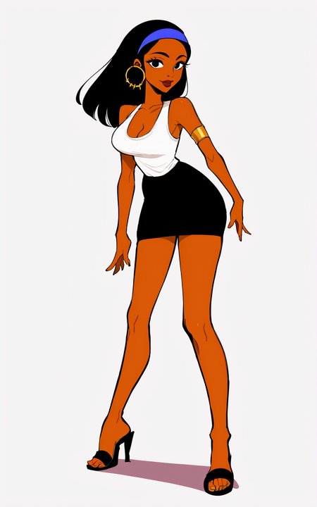 score_9, score_8_up, score_7_up,((best quality)), absurdres,((full body)),  <lora:3d-2d:0.8>,   <lora:CleopatraCHPXL:0.8>,CleopatraCHPXL,black hair, breasts, medium breasts, shadow, black eyes,  dark-skinned female.hoop earrings, earrings, black skirt, jewelry, skirt, cleavage,white shirt, shirt, high heels, black footwear, sleeveless, sandals, miniskirt, armlet,tank top,blue hairband,white background,slim