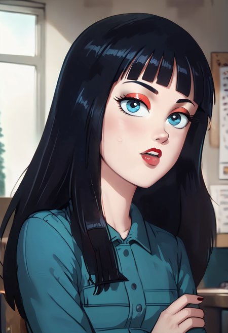 (ultra HD quality details), Detailed illustration, score_9, score_8_up, score_7_up, score_6_up, PRSNL, w_g_f, uncensored , pupils black dots, 1girl, lips,
 agent mai, long hair, bangs, blue eyes, black hair, eyelashes, red eyeliner, lipstick,
Warm light, indoors,
((Upper body)),