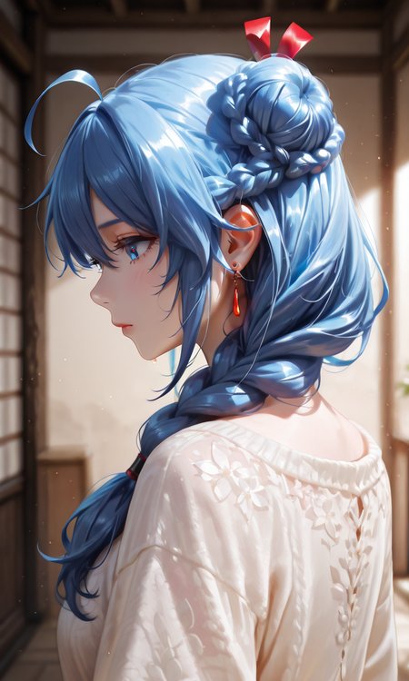 masterpiece, best quality, very aesthetic, absurdres, detailed, detailed background,  BREAK, phoena/(cc/),1girl,solo,blue eyes,blue hair,long hair,bangs,hair ornament,hair ribbon,hair between eyes,braid,single braid,hair bun,single hair bun,hair over shoulder,ahoge,earrings,