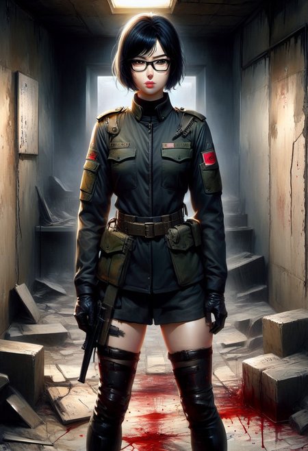 FFROA, full body, 1girl, tomie kawakami as a soldier, perfect face, black gloves, torn ss uniforms, black messy hair, glasses, blood on uniforms, black leather boots, standing in the bunker,