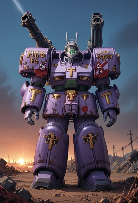 score_9, score_8_up, score_7_up, source_anime, front view, BREAK,  ( guncannon_mass_production_type, riverside, looking at viewer,) 1mech, purple mech, purple armor, metallic armor, wasteland, haze, shoulder cannons deployed, mech focus, solo, BREAK, two arms, GreyK40k, gold trim, gold decorations on armor,