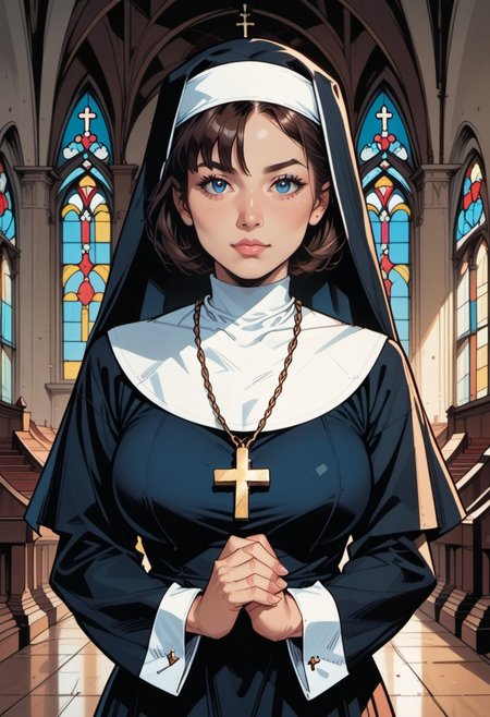 score_9, score_8_up, score_7_up, source_anime, 1woman, mature, human female, human, detailed face, jawline, smooth skin, beige skin, beautiful eyes, blue eyes, brunette, big breasts, bob cut hair, nun, habit, long sleeves, dress, black dress, jewelry, black veil, cross, cross necklace, church,