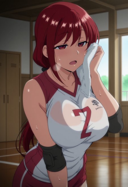 1girl,solo,mm,mature female,long hair,red hair,red eyes,ponytail,large breasts,anime coloring,
volleyball uniform, sweat,heavy breathing, open mouth, cowboy shot, wiping sweat, gym
,masterpiece,best quality,amazing quality,<lora:Natsumi_Obata-Saimin_Seishidou_ix:0.8>
