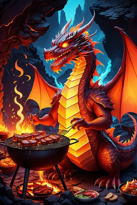 digital illustration, (fantasy drawing, fantastic fantasy, oriental style), maximum resolution, maximum details, 8k, masterpiece, warm lights, glowing, neon, (a dragon having a barbecue: 1.5), happy, with a little belly, wearing a chef's hat, wearing an apron, grilling a hamburger, (inside a volcano, lava, flames, fire, flares),  <lora:add-detail-xl:3> <lora:xl_more_art-full_v1:0.2>