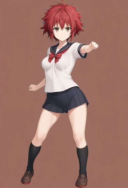 best quality,(SFW:1.5),(source_anime:1.5),1girl,ARTI,tsurime,small dark brown eyes,very short hair,messy hair,crimson hair,medium breasts,school gym uniform,fighting pose