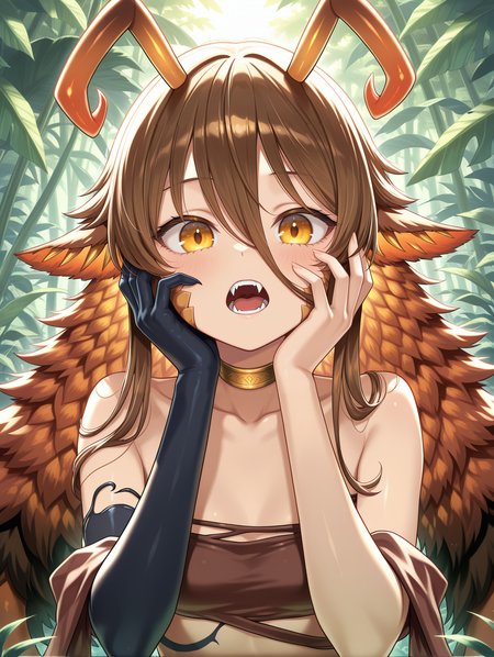 arthropod girl,traptrix holeutea,1girl,solo,open mouth,looking at viewer,=upper body,teeth,hands on own face,fangs,collarbone,hands up,brown bandeau,gold choker,single animal hand,brown revealing clothes,face scales,nature,plant,
masterpiece,best quality,amazing quality,very aesthetic,absurdres,newest,<lora:Traptrix Holeutea illuXL v1:0.7>,