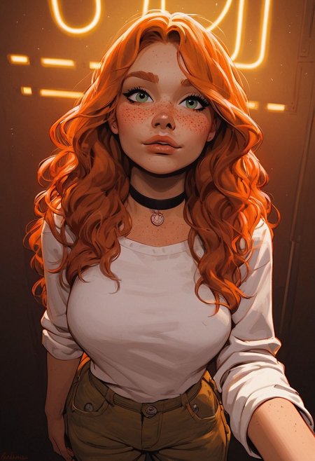 score_9, score_8_up, score_8_up, 1 Caucasian ginger girl, 1 girl, ginger hair, ((long hair)), ((bangs)), wavy hair, choker, portrait, (in nightclub), blushing, looking up at viewer, POV, ((freckles, streetwear, baggy cargo pants)), average tits, teardrop shaped tits, fit body, thin waists, beautiful, neon lighting, negative_hand, g0thicPXL, GTA