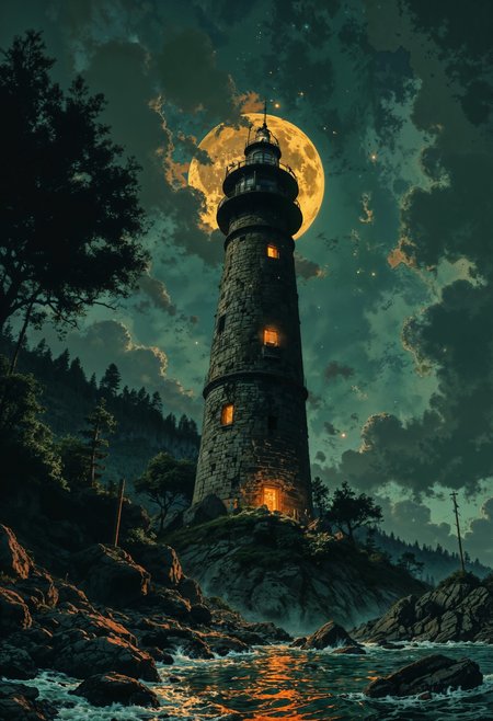 A captivating night scene illustration featuring an ancient lighthouse standing tall on a rocky island. The lighthouse, adorned with multiple windows, emits a warm glow, highlighting its intricate architecture and rich history. The rocky island is covered in lush green trees, reflecting on the calm, moonlit sea waters that mirror the silvery moonlight. The full moon graces the sky, casting an ethereal glow on the clouds and sea, while wispy clouds partially obscure its brilliance, adding to the scene's mystique. Twinkling stars dot the sky, creating a celestial tapestry that harmonizes with the moon's radiance. This enchanting artwork captures a serene and peaceful night, where the illuminated lighthouse stands resolute amidst the celestial beauty, creating a cinematic experience., illustration, cinematic  <lora:FluxMythP0rtr4itStyle:0.7>  <lora:Luminous_Shadowscape:0.8>