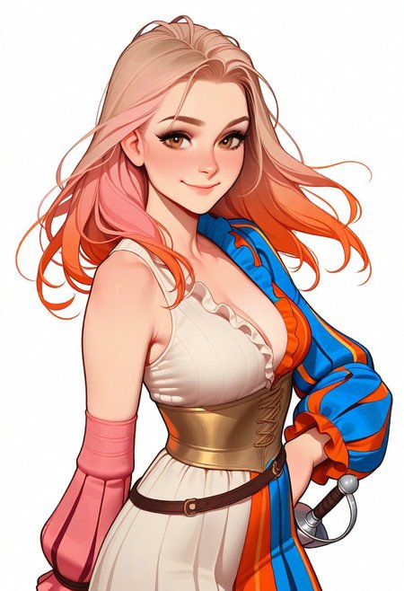Artist : Tsuaii, Artist : Incase, flat colors, high detailed, high quality, masterpiece, 
1girl, upper body, (white background), dynamic lighting, standing, looking at viewer, cowboy shot, standing,
eye reflection, pink hair, orange hair, multicolored hair, light brown eyes, eye reflexion, smile, landsknecht outfit, rapier