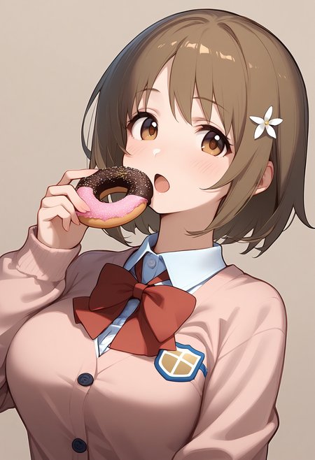 1girl,
mimura kanako,


solo, blush, long sleeves, food, shirt, sweater, holding food, pink sweater, cardigan, white flower, bowtie, red bowtie, large breasts, flower, looking at viewer, brown eyes, collared shirt, bow, short hair, hair flower, blue bow, school uniform, open mouth, upper body, hair ornament, red bow, doughnut, brown hair, simple background, breasts, holding, white shirt,

sfw
<lora:a31_char_new_mimura_kanako-000022:1> <lora:a31_style_koni-000010:0.8>