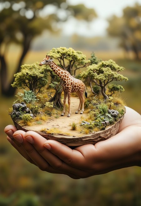 Miniature diorama of a giraffe walking on a savannah, held in a man's hand