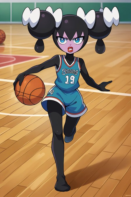 score_9, score_8_up, score_7_up, score_6_up, BREAK gothorita,1girl, solo,full body,two-tone skin,playing basketball, twintails, clenched teeth, blue eyes,green basketball uniform, basketball court, flat chest, dribbling \(basketball\),  running, red lips,white hair bow, black hair    <lora:GothoritaPony:1>
