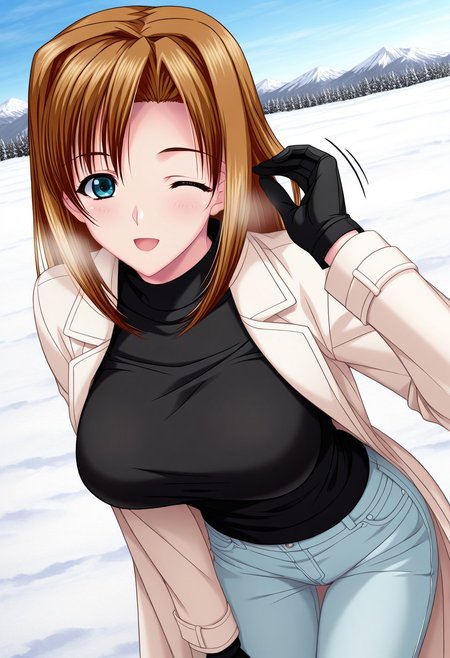 masterpiece, best quality, newest, highres, uncensored, 1girl, yokota mamoru style,1girl, slender face，motion lines, ,Sakura Ayaka，Brown Hair, Curtained Hair, Intake, Shoulder-length Hair, Sidehair，Teal Eyes，Big Breasts, Pale, Young-adult，solo, snow, 1girl, gloves, mountain, day, one eye closed, goggles, smile, sky, open mouth, outdoors,coat,jeans