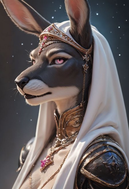 score_9, score_8_up, score_7_up, score_6_up, score_5_up, 
(close up:1.5), (side view:1.4), feminine, 
(source_furry:1.2), 
royal priestess, (1girl:1.2), kangaroo, (black fur:1.4), black body,  short grey fur trim, pink eyes, detailed eyes, (slender:1.2), furry body,  (big chest, big breasts:1.3),
(violet chaps:1.4), (knight armor:1.2), (gleaming sexy armor:1.2), (violet cape:1.2), pink details, 
Standing, looking at viewer, 
(starry night:1.4), castle gates, 
raw, photo, realistic,