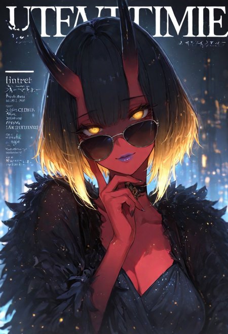 (EyesHD:1.2), (4k,8k,Ultra HD), masterpiece, best quality, ultra-detailed, very aesthetic, sharp focus, depth of field, ray tracing, best lighting, detailed illustration, detailed background, cinematic, glowing particles, shinny, glitter, beautiful face, beautiful eyes, 
BREAK
ambient occlusion, raytracing, soft lighting, blum effect, masterpiece, absolutely eye-catching, particles, glow, shining, intricate cinematic background, 
BREAK
masterpiece, amazing quality, best quality, ultra-detailed, 8K, illustrating, CG, clear skin, ultra-detailed-eyes, detailed background, cute girl, eyelashes
BREAK
Aka-Oni, oni, colored skin, (red skin:1.3), smooth horns, black horns
BREAK
short hair, detail eyes, glowing eyes, golden eyes, (Sexy lips), fake magazine cover,1girl,gradient hair,dress,feather boa,choker,jewelry,aviator sunglasses,looking over eyewear,close-up,light particles,looking at viewer,head tilt,shaded face,text,lipgloss,finger on own cheek