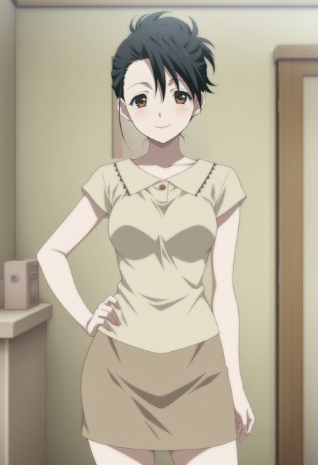 1girl,solo,mm,mature female,black hair,brown eye,medium breasts,anime coloring,
shirt,skirt,cowboy shot, looking at viewer, hand on own hip, smile,indoors
,masterpiece,best quality,amazing quality,<lora:Kiyoura_Mai-SHINY_DAYS:0.8>