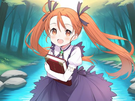 masterpiece, best quality, good quality, <lora:Aliese_Martini_IS:1> Aliese_Martini, 1girl, solo, twintails, long hair, brown eyes, hair ribbon, orange hair, brown hair, short stack,
1girl, solo, gloves, book, elbow gloves, blush, smile, open mouth, ribbon, outdoors, white gloves, :d purple dress,
forest, water,