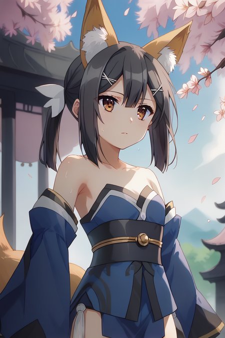 score_9, score_8_up, score_7_up , source_anime, intricate details, masterpiece, high quality, prefect hands, best quality , solo , 1girl , anime screencap, <lora:tweak-detail-xl:1> <lora:DetailedEyes_V3:1>,, cherry blossoms, 
, small breast ,  <lora:DetailedEyes_V3:1> <lora:tweak-detail-xl:1> , miyu, brown eyes, black hair , sidelocks, hair between eyes, <lora:miyu.pony:1>, armpit , sweating ,
<lora:tamamo-no-mae-cosplay-ponyxl-lora-nochekaiser:1>, tamamonomaecosplay, tamamo no mae \(cosplay\), animal ears, bare shoulders, blue kimono, blue thighhighs, detached sleeves, fox ears, fox tail, japanese clothes, kimono, obi, sash, collarbone, thighhighs, wide sleeves, <lora:Watercolor Anime Style LoRA_Pony XL v6:1>