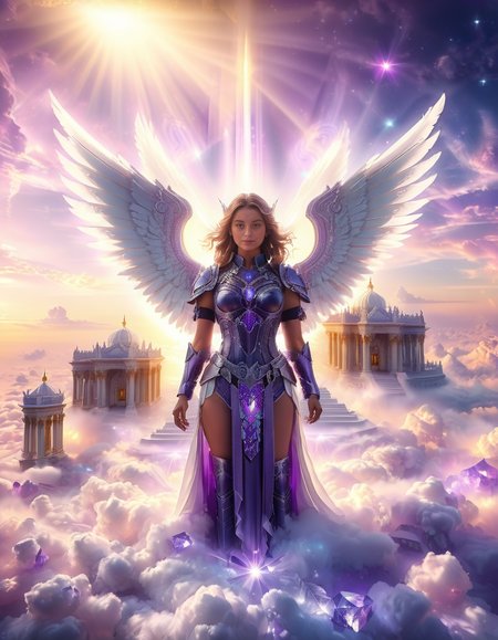 <lora:sky_t3mpl3:1>,cowboy shot,(looking at viewer:1.6),
A fierce warrior angel standing on clouds in front of a majestic celestial sky temple,sky t3mpl3.(arms behind back:1.3), She wears futuristic, sleek black armor with purple accents, blending fantasy and sci-fi elements. Her armor is adorned with glowing, purple gemstones at her chest and shoulders, radiating a soft light that matches the ethereal surroundings. Large, metallic angel wings with a high-tech design extend from her back, with white feathers and metallic frames, combining elegance with strength. She looks directly at the photographer with an intense, focused gaze, creating a powerful connection with the viewer. Behind her, the grand temple is made of gleaming, white stone and crystal pillars, floating among the clouds, illuminated by soft rays of heavenly light. The sky is filled with a soft pink and purple glow, casting a serene yet powerful atmosphere around this divine guardian.<lora:SDXLFaeTastic2400:0.4> <lora:extremely_detailed:0.4> extremely detailed,, Masterpiece,best quality,hi res,8k,hi res,8k,award winning,(sharp focus, intricate, highly detailed),