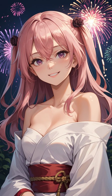 score_9, score_8_up, score_7_up, source_anime,  big smile, 
   <lora:Inui Sajuna :0.8> aasajuna,pink eyes,purple eyes,pink hair,long hair,two side up,hair between eyes,bangs,hair flower,black rose, japanese clothes, white kimono, off shoulder, red sash, bare shoulders, fireworks