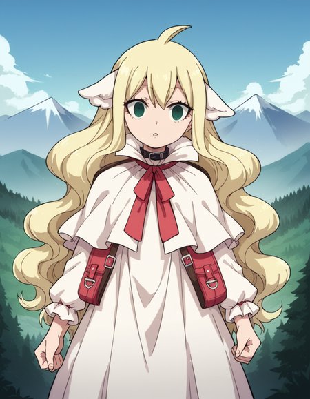 score_9, score_8_up, score_7_up, source_anime, <lora:mavis-vermillion-anime-ponyxl-lora-nochekaiser:1>, mavis, long hair, blonde hair, green eyes, ahoge, wavy hair, animal ears,, dress, white dress, collar, ribbon, red ribbon, capelet, long sleeves,, mountain trail, hiking, nature, backpack, adventure, fresh air, , looking at viewer, hand pointing index finger, solo,, cowboy shot, dutch angle