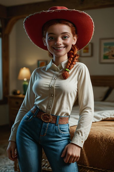 zPDXL3,  <lora:Jessie_the_Yodeling_Cowgirl_-_Toy_Story_PonyXL:.7>,
Jes_sie, woman, red hair, braid, red cowboy hat, green eyes, white shirt, long sleeves, medium breasts, belt, pants, looking at viewer, smiling, standing, inside cozy bedroom, soft lighting,