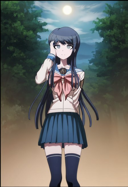 (((solo))), masterpiece, best quality, very aesthetic,  modern, modern anime,  newest, absurdres, highres, low angle , expression conveying suden realization  , (((solo))),danganronpa_(series),<lora:Sayaka_Maizono_Illustrious:1>, This is an anime screencap from Danganronpa 3. . Sayaka Maizono is facepalm. Sayaka Maizono is loving expression . Sayaka Maizono is working with and involved in A misty forest clearing at dawn or dusk. Silhouettes of tall evergreen trees frame the image, creating a dark border. The sky is pale with wispy clouds, transitioning from light blue to golden near the horizon. A low fog blankets the grassy field in the foreground, obscuring details. The sun, just peeking through the trees, casts a warm glow and long shadows. A single curved branch arches into the frame from the top right. The atmosphere is eerily calm and mysterious, with the interplay of light and shadow creating a dramatic mood. The scene suggests early spring or late autumn, with bare branches visible among the evergreens. The composition draws the eye from the shadowy foreground through the misty middle ground to the illuminated treeline and sky beyond. Sayaka Maizono has her long blue hair down. She is wearing the white and blue Hope's Peak Academy uniform with a white top. Her sleeves reach her wrists.  She's wearing a light pink ribbon.  She has a short, pleated, blue skirt. Sayaka Maizono wears navy blue thigh-high socks. Her footwear is dark brown Mary Janes shoes.