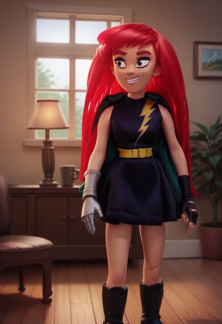score_8, score_8_up, score_7_up, 1girl, female focus, Solo, Lex_Lightning, Red hair, Large Hair, black eyes, expressive eyes, black eyeshadow, red eyebrows, Black dress sleeveless, yellow lightning bolt symbol in dress, yellow belt, black short skirt, green cape, black boots, robotic hand in right hand, black fingerless glove in left hand, full body, indoors, sofa, living room, coffee table, lamp, window, smile, standing