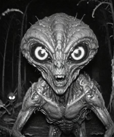 Creepy alien looking at the camera, monster, horror,  camera trap, monochrome   <lora:Camera trap:1>