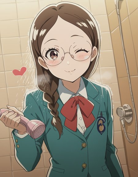 score_9, score_8_up, score_7_up, source_anime, <lora:megumi-takahashi-s1-ponyxl-lora-nochekaiser:1>, megumi takahashi, long hair, brown hair, brown eyes, braid, glasses, hair over shoulder,, school uniform, jacket, blazer, ribbon, red ribbon, green blazer, shirt, white shirt, collared shirt, skirt, pleated skirt, grey skirt,, shower, water, steam, shower head, tiles, smile, <lora:blowing-kiss-ponyxl-lora-nochekaiser:1>, blowing kiss, pucked lips, heart, one eye closed, o3o, hand up, bed room, bed, blush, cowboy shot, dutch angle,, looking at viewer, solo,, dutch angle, cowboy shot
