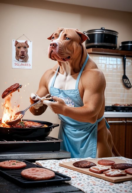 score_9, score_8_up, score_7_up, score_6_up, score_5_up, score_4_up,  source_real, source_photo, pit_bull, bbq, fire, steaks, cooking, apron, summer day, poster, <lora:guard_dogs_pxl:1>